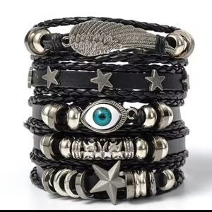 Men's Bracelets Set Leather 5pc Evil Eye Wing Star Layered‎ f21